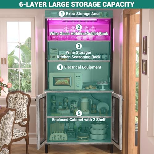Aheaplus Bar Cabinet with Power Outlets,67" Tall Wine Bar Cabinet,White Oak