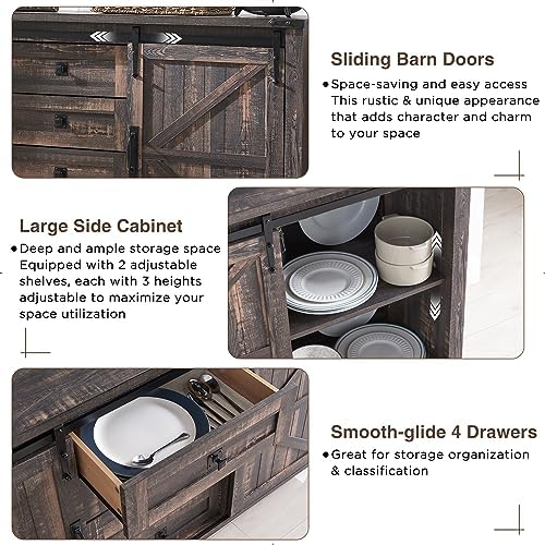 T4TREAM 60" Wide Farmhouse Sideboard Buffet Cabinet, Dark Rustic Oak