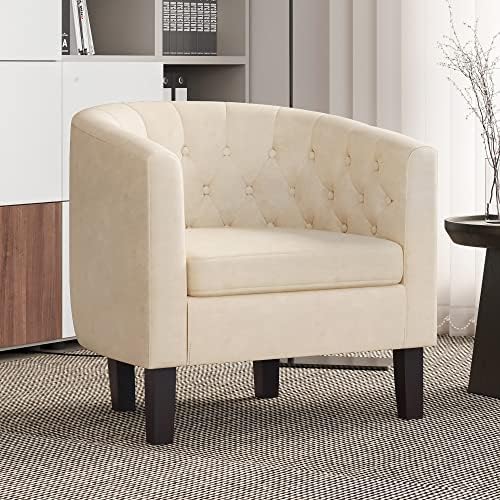 BELLEZE Accent Barrel Arm Chair, Modern Comfy Upholstered Tufted Club Chair with Sturdy Legs and Linen Fabric for Bedroom Living Room - White