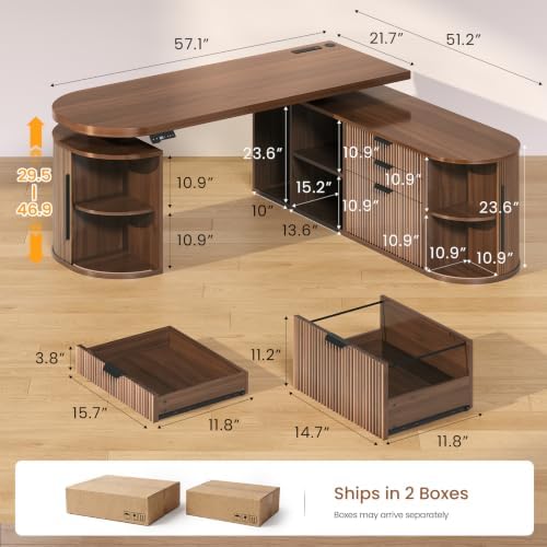 SEDETA 57" L Shaped Standing Desk with Storage, Electric Height Adjustable Curved Executive Desk, Fluted Desk with Drawers & Power Strip for Home Office, Brown