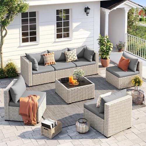 UDPATIO Outdoor Patio Furniture Set 7 Pcs Wicker Sectional Sofa Grey