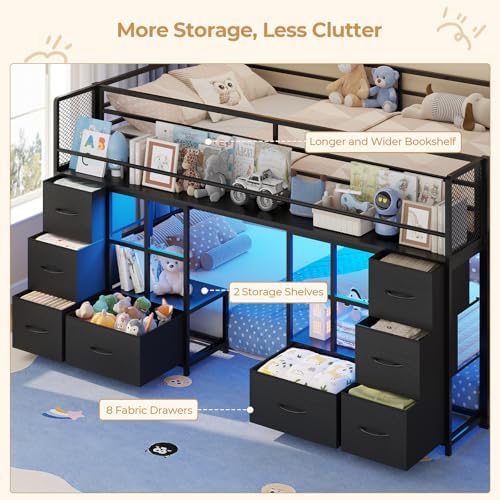 BTHFST Low Bunk Bed Twin Over Twin with 8 Fabric Drawers & Bookshelf, Black