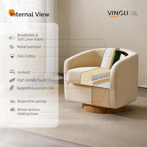 VINGLI 360°Swivel Accent Chairs Set of 2 with Engineered Wood Base and Removable Cushion for Living Room, Bedroom, Curved Back Barrel Chairs for Small Space, Upholstered Bucket Armchairs, Teddy Khaki