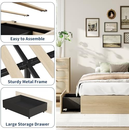 GarveeHome Wood Platform Bed Frame, Twin Bed Frame with 2 Drawers