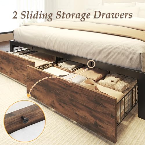 Queen Bed Frame with Charging Station, LED Lights, 2 Drawers, Rustic Brown