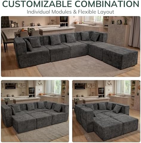 MONVANE Modular Sectional Cloud Couch for Living Room - 130'' 6 Seater Convertible Chenille Couches Set with Ottoman, No Assembly Compression Sofas, Comfy Floor Sofa with Memory Foam, Grey