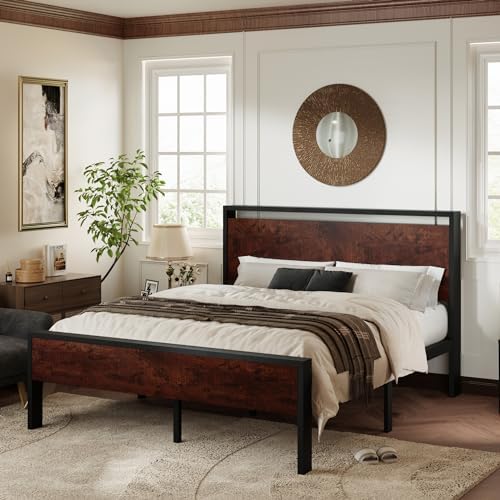 Allewie Queen Size Bed Frame, Heavy Duty 12 Metal Slats Support, Mahogany