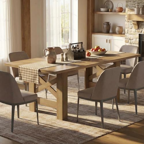 IDEALHOUSE 71" Long Dining Table for 6-8, Farmhouse Wooden Barn Kitchen Table for 6, Triangular Legs, Large Dining Room Table w/Thickened Tabletop, Sturdy Frame, for Dinner, Kitchen, Office, Natural
