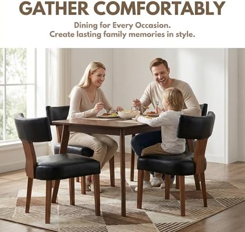 HNY Mid Century Modern Dining Chairs Set of 2, Farmhouse PU Leather Upholstered Accent Chair Curved Backrest Kitchen Chairs, with Hardwood Frame, Black