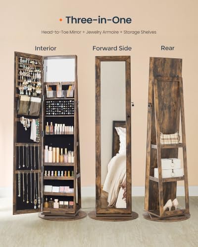 SONGMICS HOME Standing Jewelry Cabinet, Full Length Mirror with Storage | Swivel Jewelry Armoire, Lockable Rotating Organizer, Rear Storage Shelves, Bedroom Organization, Rustic Brown UJJC006X01SH