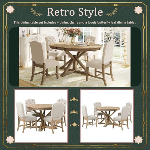 LUMISOL Round Dining Table Set for 4, Farmhouse Kitchen Table Set with Extendable Round Dining Table & 4 Upholstered Chairs, 5-Piece Solid Wood Table and Chairs Set for Kitchen, Dining Room, Natural