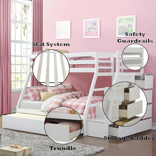 White Twin,Full Bunk Bed W,Trundle Storage