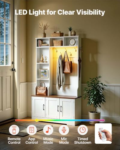 VEVOR Hall Tree with Bench and Shoe Storage, 39" Wide, Entryway Hall Tree with Bench, Hanging Hooks, Storage Shelves, Adjustable Shoe Shelves, LED Light, Wooden, for Mudroom, Entryway, Hallway, White