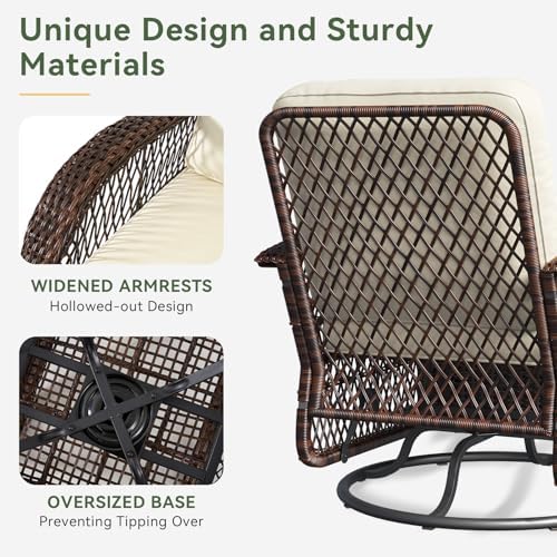 Aoxun 3 Pieces Patio Furniture Set, Patio Swivel Rocker Chairs Set of 2, Wicker Outdoor Bistro Set with Rocking Chair, Thickened Cushions and Table for Porch (Beige)