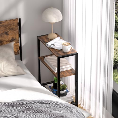 Narrow Side Table for Small Space, 2-Tier Small End Table with Shelf Holder, Slim Nightstand, Skinny Snack Couch Table in Living Room, Bedroom, Study, Kitchen and Balcony (Rustic Brown &Black)