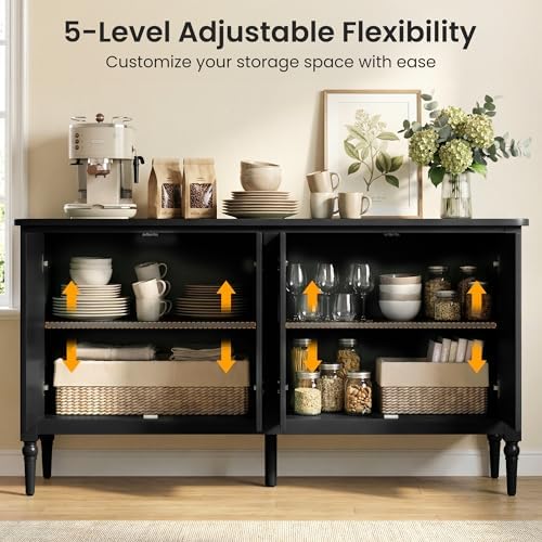 RoyalCraft Buffet Cabinet with Storage, 59" Vintage Sideboard with Adjustable Shelves, Mid Century Modern Painted Credenza Coffee Bar for Kitchen, Dining Room, Entryway, Living Room, Satin Black