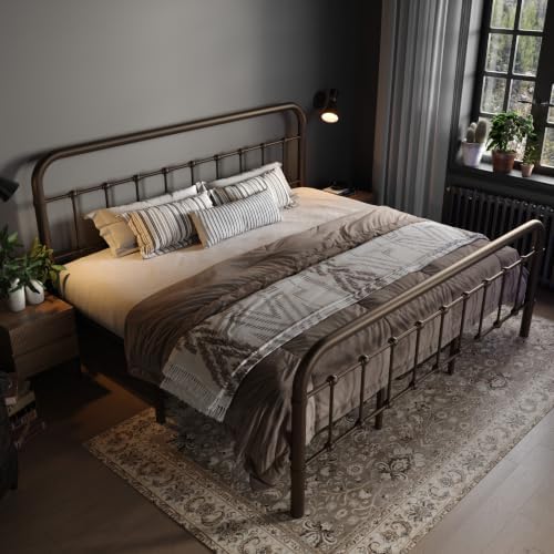 Allewie King Metal Bed Frame with Iron-Art Headboard, Antique Bronze