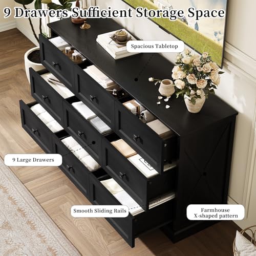 Farmhouse 9 Drawers Dresser Chests for Bedroom, Black 9 Drawers TV Stand