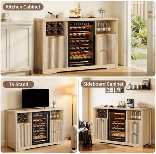 Coffee Bar Cabinet with Mini Fridge Space, 53"Wine Cabinets with Storage
