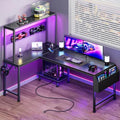 PRAISUN L Shaped Gaming Desk with LED Lights & Power Outlets