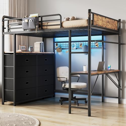 Twin Loft Bed with Desk and 8 Storage Drawers, Metal Loft Bed Twin Size with LED Lights & Charging Station, Bed Frame with Hanging Rod, Safety Guardrail & Ladder, for Kids & Teens (Rustic Brown)