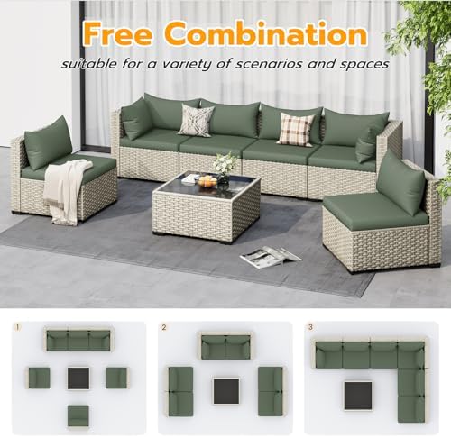 UDPATIO Outdoor Patio Furniture Set 7 Pcs Wicker Sectional Sofa Green