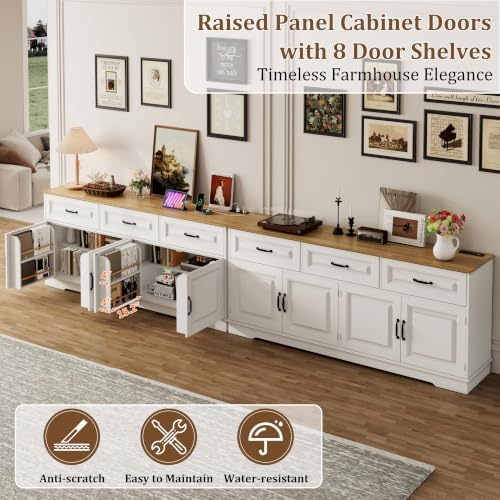 70” Large Sideboard Buffet Cabinet w/4 Doors,3 Drawers,Farmhouse Modern Kitchen Sideboard Cabinet w/8 Door Shelves,Wooden Coffee Bar Cabinets, Long Kitchen Buffet Table,Credenza for Dining Room,White
