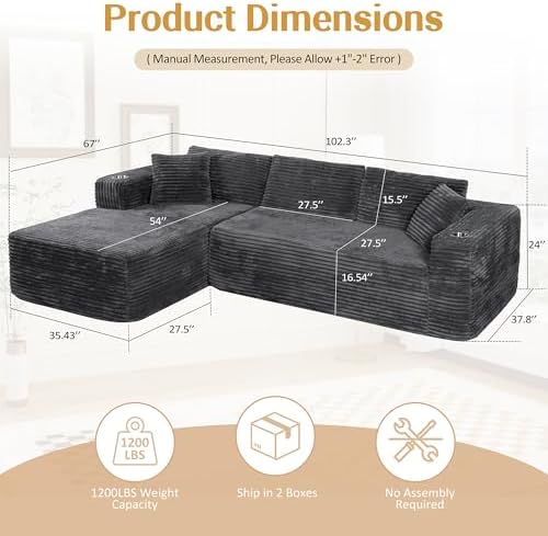 JAMFLY 103" Modular Sectional Sofa for Small Spaces, No Assembly, Black