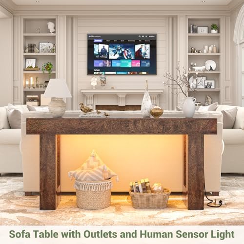 Unikito 63" Console Table with Sensor Light and Oulets, Rustic Oak