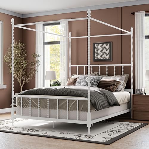 Furniture of America Vaeli Modern Metal Queen Size Four Poster Bed Frame with Spindles, Canopy Bedframe for Bedroom, Guest Room, Box Spring Required, White