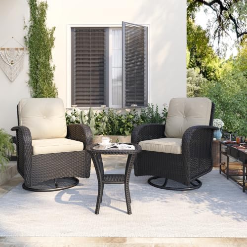 Aoxun 3 Pieces Patio Furniture Set, Patio Swivel Rocker Chairs Set of 2, Wicker Outdoor Bistro Set with Rocking Chair, Thickened Cushions and Table for Porch (Beige)