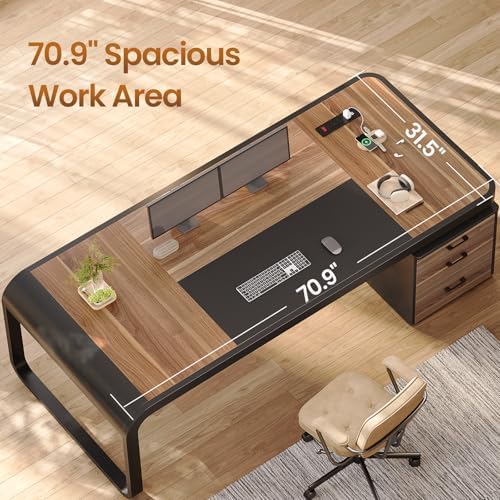 Itaar 70.9" Executive Desk, Large Computer Desk with Drawers and Lateral File Cabinet, Office Desk with Removable Shelves, Business Furniture Desk Workstation for Home Office, Walnut