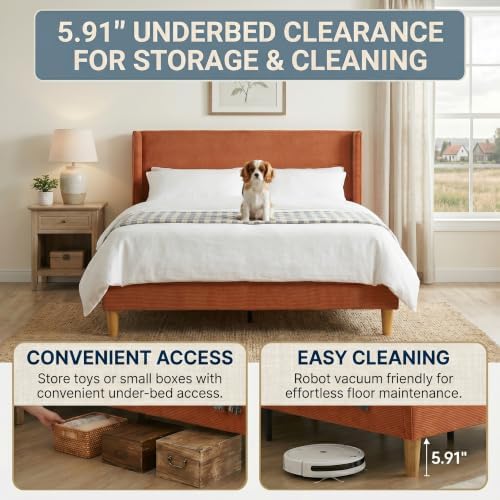 Full Corduroy Upholstered Platform Bed with Headboard Wingback, Ocher