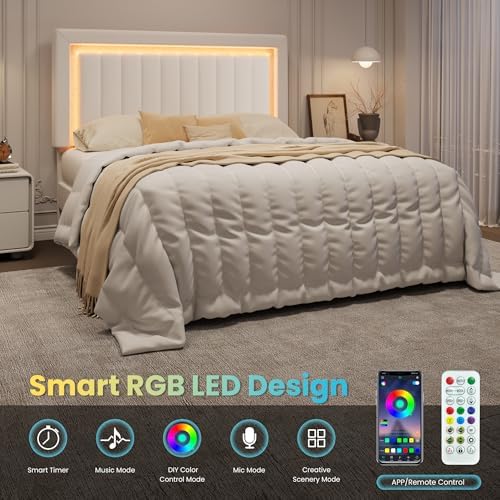 SHA CERLIN Full Size Velvet Bed Frame with LED Light, White