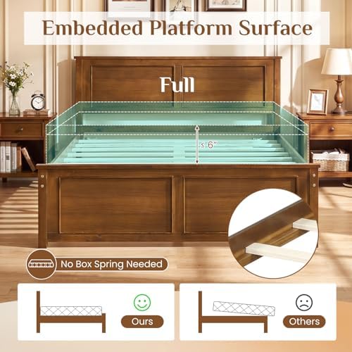 Giantex Wood Full Size Bed Frame with Headboard, Farmhouse Solid Platform Bed w/Wooden Slat Support Mattress Foundation, Under-Bed Storage, No Box Spring Needed, Walnut