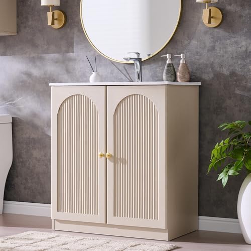 IFBUY 30 Inch Arched Bathroom Vanity with Sink, Modern Fluted Design, Cream | Bathroom Vanity Cabinet w/Adjustable Storage Shelf, Freestanding Single Bathroom Vanity w/Ceramic Basin, Space-Saving