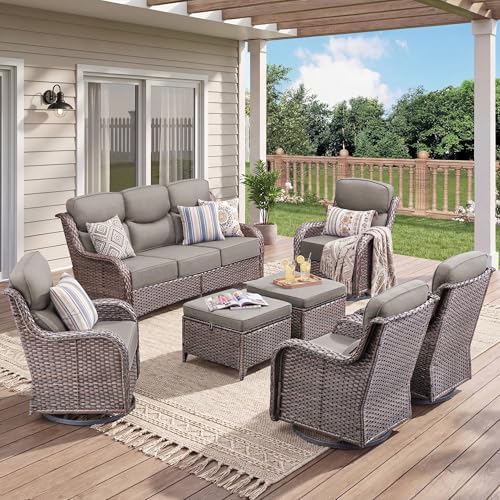 Luxury 7 Pieces Outdoor Patio Furniture Set-All Weather Wicker Outdoor Furniture with Swivel Rocker Patio Chairs 6-inch Extra Thick Cushions Wicker Conversation Set for Garden Porch(Brown/Grey)