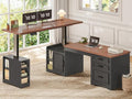 SEDETA Farmhouse L Shaped Electric Standing Desk, 63" x 67" Height Adjustable Office Executive Desk with Drawers and Shelves, Standing Computer Desks with Power Outlet for Home Office, Black+Brown