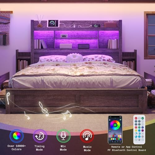LUXOAK 5 Piece Farmhouse Bedroom Set, King Size Storage Bed & Dresser, Grey