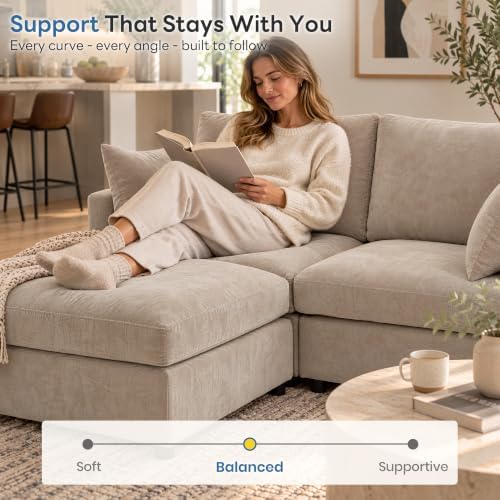 Iroomy Sectional Cloud Couch for Living Room, Spring Cushion Seating, L Shaped Convertible Modular Sofa with Ottoman, Khaki