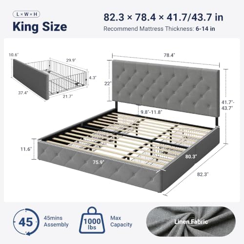 Allewie King Size Storage Bed Frame with 4 Underbed Drawers, Upholstered Platform Bed with Adjustable Headboard, Diamond Button Tufted, Easy Assembly, Noise-Free, No Box Spring Needed, Light Grey