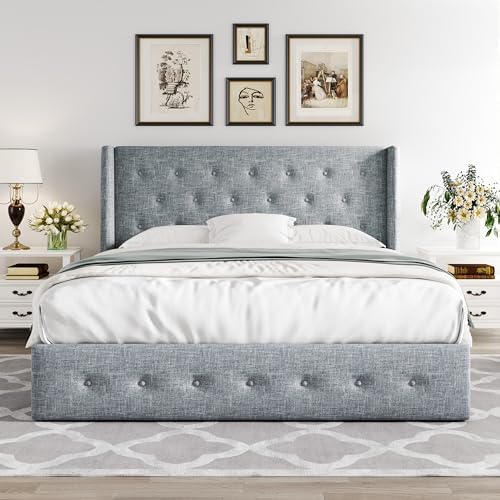 Allewie Queen Size Lift Up Storage Button-Tufted Bed Frame Blue Grey