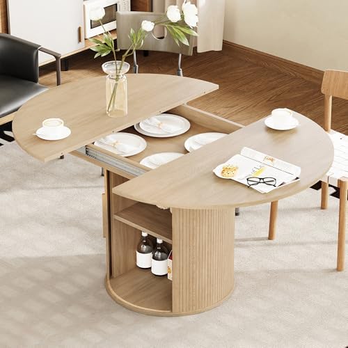 weselon 43"-59" Extendable Round to Oval Dining Table with Hidden Storage, Modern Wooden Kitchen Table with Fluted Sliding Door Cabinet, Expandable Dinner Table for Dining Room Living Room (Natural)