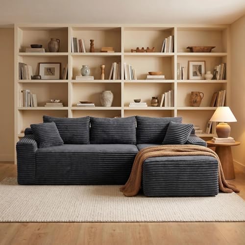 95" L-Shaped Cloud Sectional Couch, Right Facing Modular Compressed Boneless Sectional Sofa with Chaise Lounge, Plush Corduroy Boneless Corner Sofa for Living Room