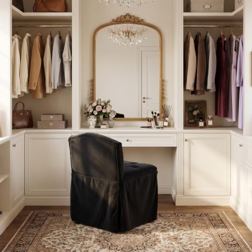 Black Velvet Makeup Vanity Chair with Back & Wheels