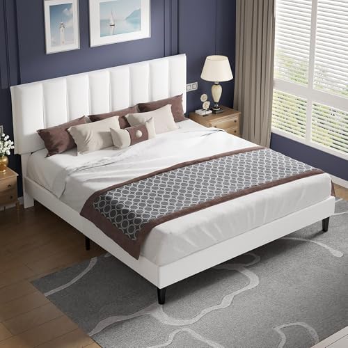 VECELO King Size Bed Frame with Upholstered Headboard, White