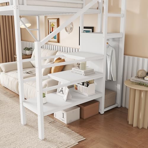 KEIKI Twin Size Metal Loft Bed Frame with Convertible Staircase, Built-in Storage Shelves & Wardrobe, Loft Bed with Solid Slats & Guardrail, No Box Spring Required, Easy Assembly, for Bedroom, White