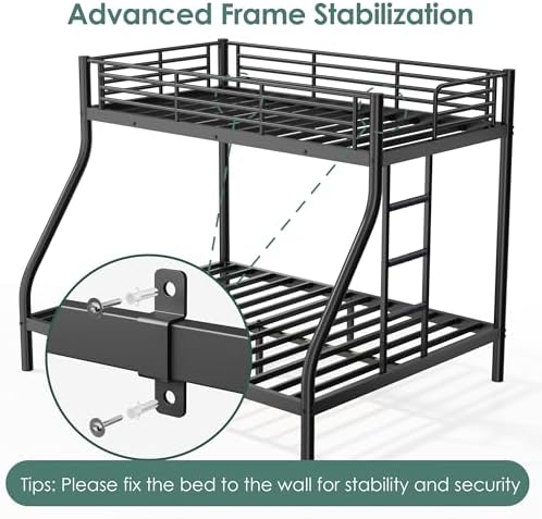 Bunk Beds Twin XL Over Queen, Heavy Duty Bunk Beds with Bottom Space & Guardrail Metal Bunk Bed Frame for Adults Teens Dorm Bedroom Guest Room, No Box Spring Needed（Black）