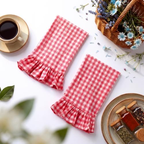 HunnmingRe 2 Pcs Watermelon Pink Gingham Kitchen Towels Cotton Ruffled