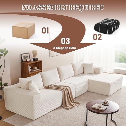 Mangodan 140” Cloud Sectional Couch, Boneless Sofa for Living Room, Modular Sectional Sofa with Deep Seat, Comfy Fluffy L-Shaped Couch with Right Facing Chaise, No Assembly Required, Beige